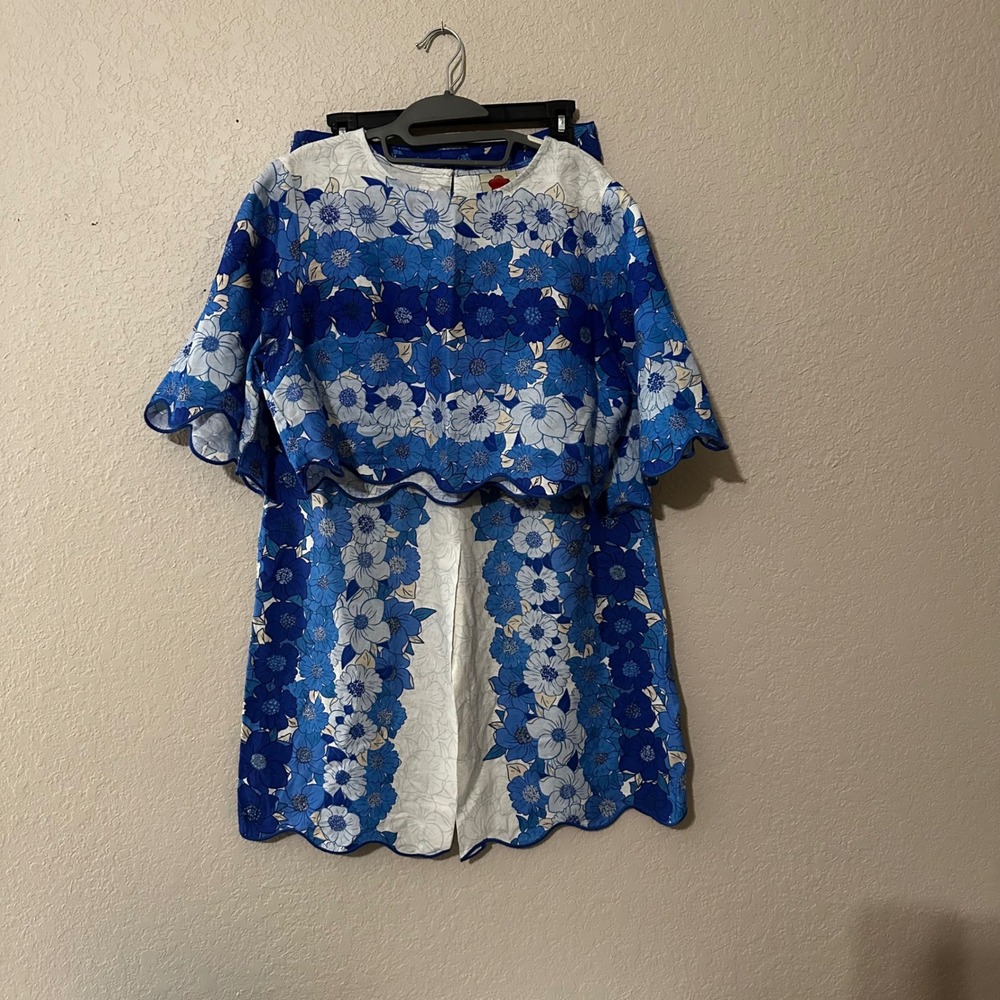 FARM Rio Flower Stripe Matching Set Top and Skirt Blue White Medium